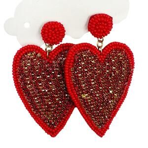 Red Beaded Heart Statement Earrings Boho Valentines Day 3" Drop Lightweight NEW